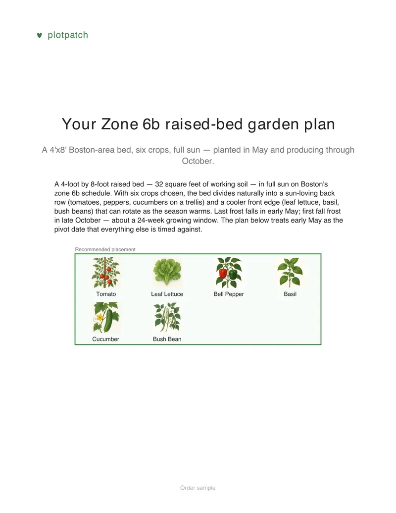 Page 1 of the sample plan PDF: the title, the plot summary, and the raised-bed diagram with an illustration of each of the six crops in its recommended spot.